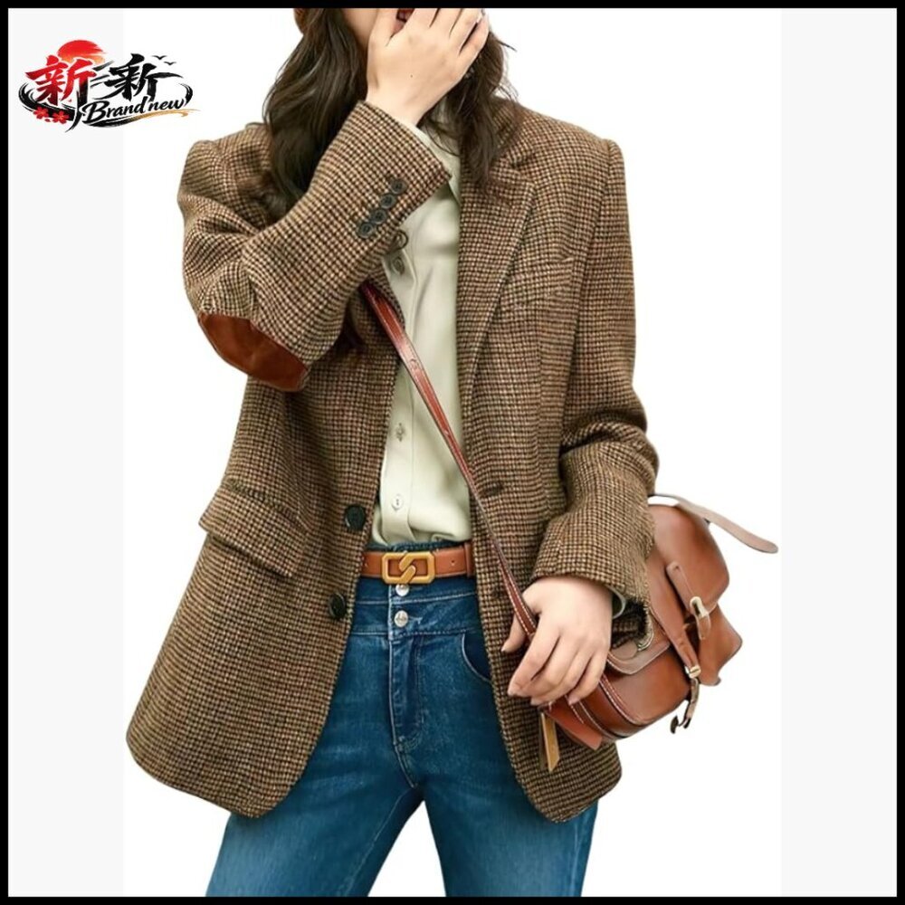 Wool Blend Blazer Jacket Single Breasted Plaid Work Coat